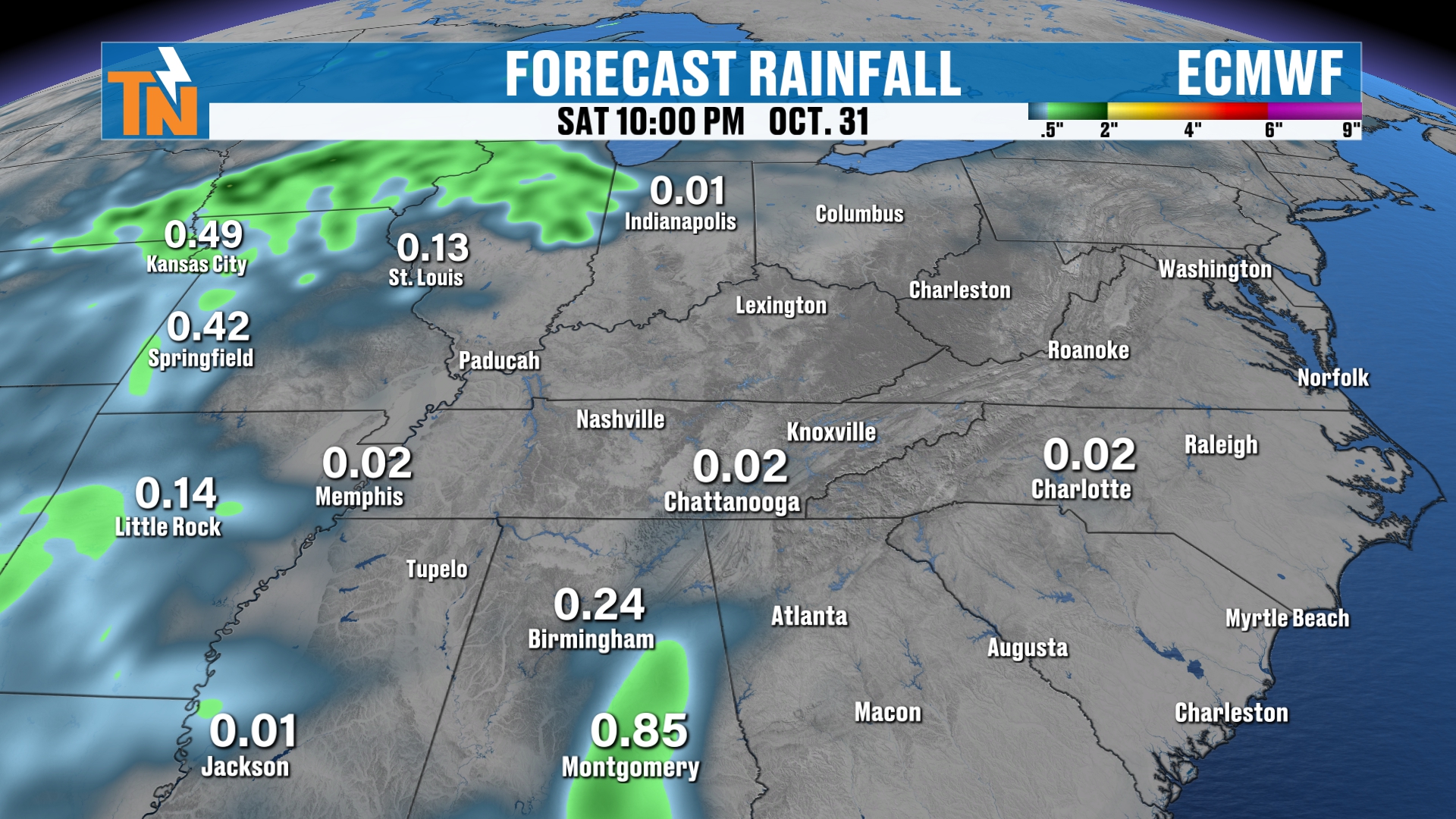 Halloween weekend forecast rainfall from the European model, Saturday at 10 PM October 31
