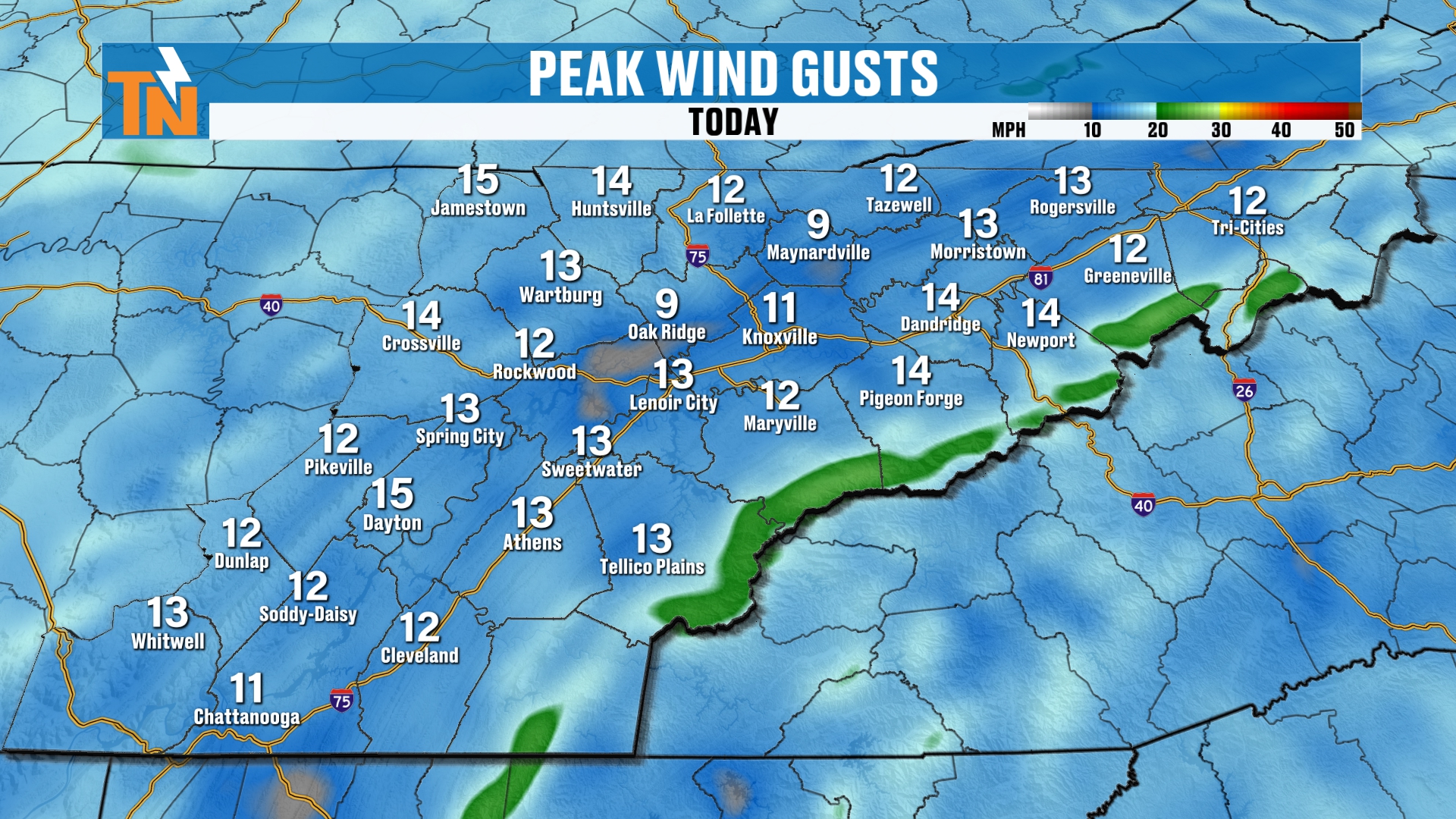 Peak wind gusts across East Tennessee today