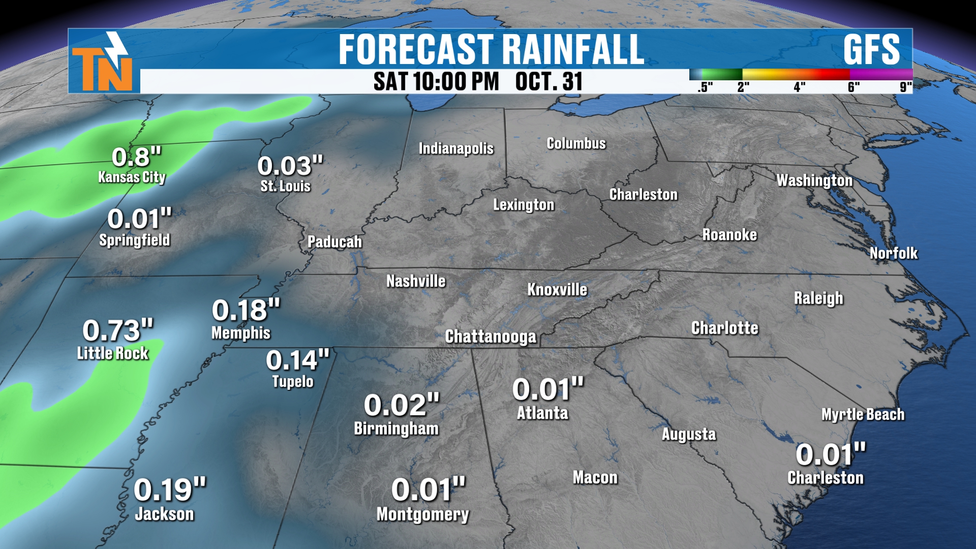 Halloween weekend forecast rainfall from the GFS model, Saturday at 10 PM October 31