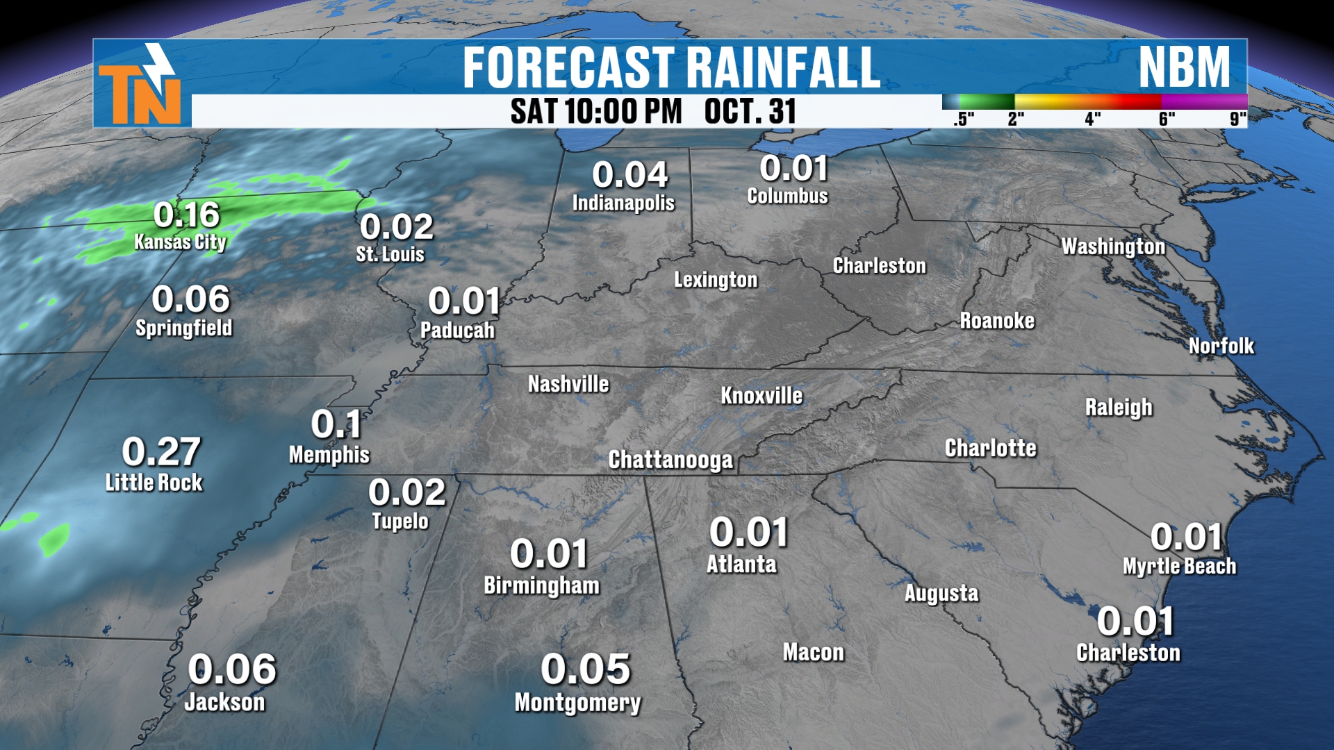 Halloween weekend forecast rainfall from the NBM model, Saturday at 10 PM October 31