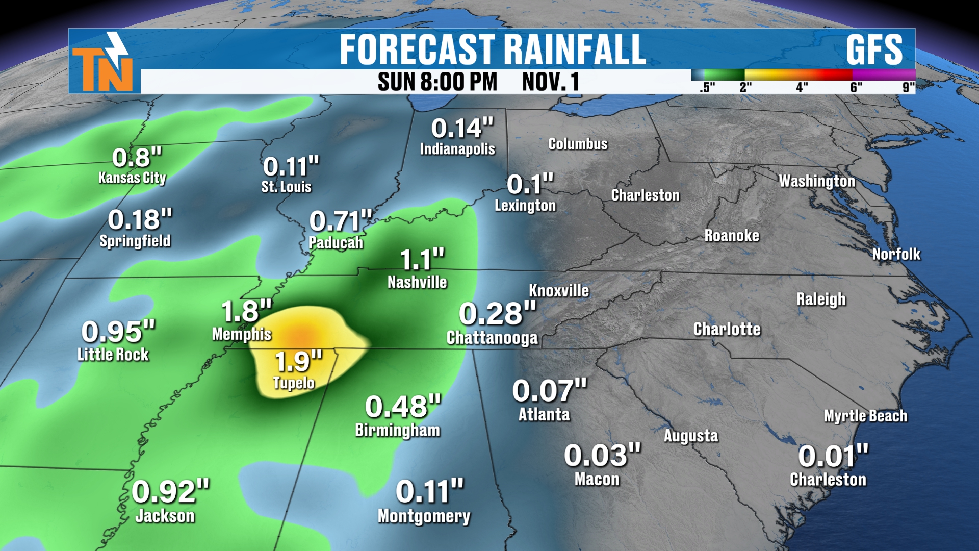 Halloween weekend rain on Sunday from the GFS model at 8 PM November 1