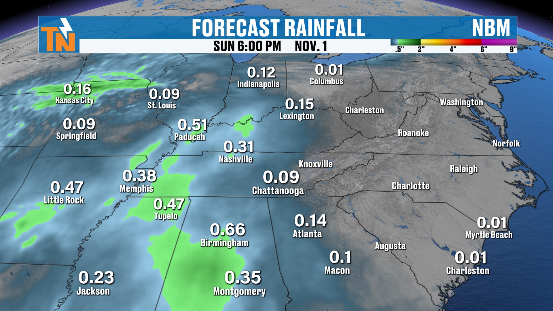 Halloween weekend rain on Sunday from the NBM model at 6 PM November 1