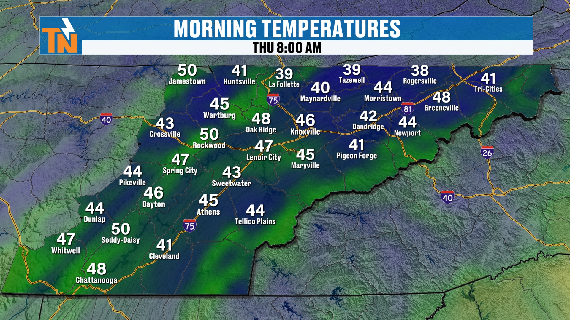 Morning temperatures across East Tennessee Thursday at 8 AM
