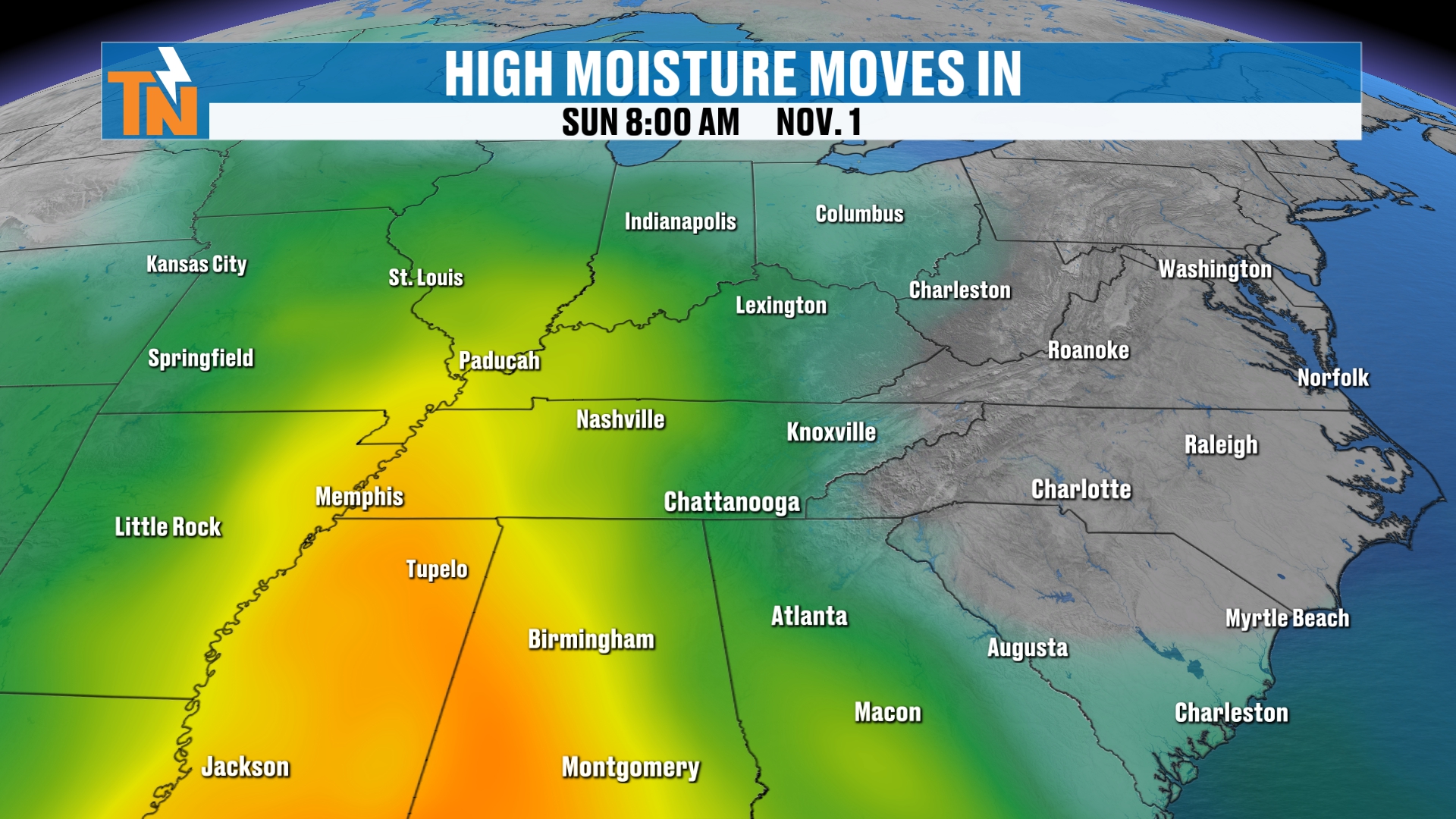 Forecast moisture moving in Sunday morning, November 1