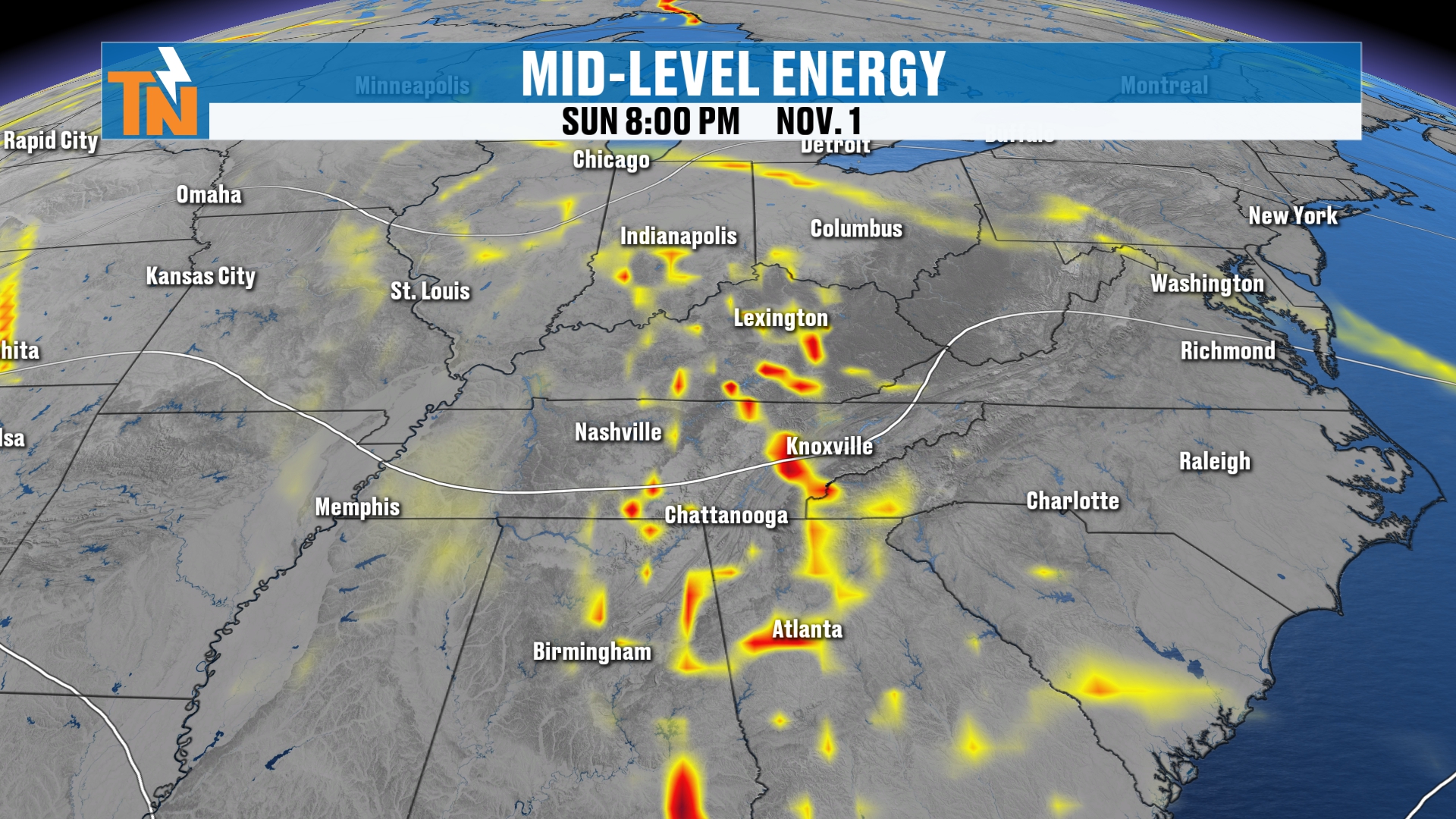 Mid-level energy and a weak wave of energy moving through Sunday evening, November 1