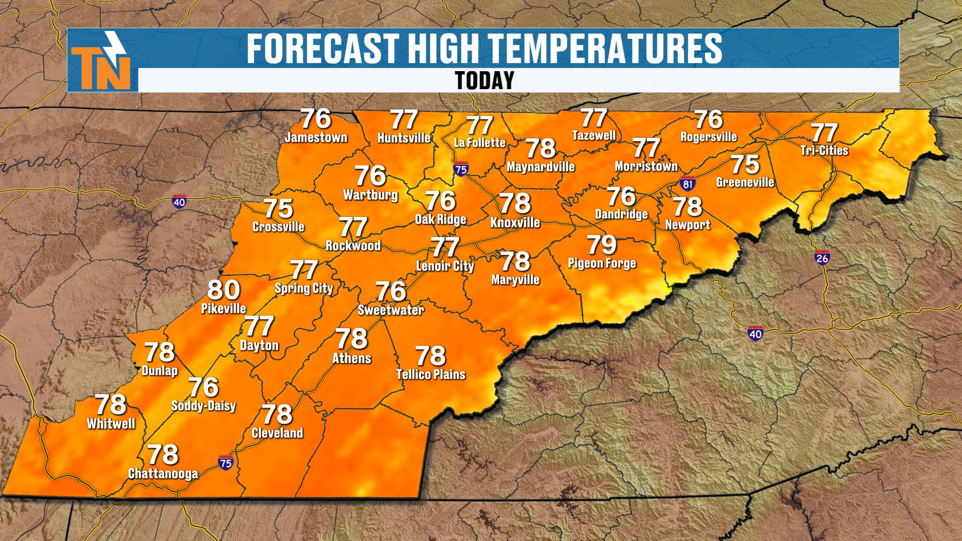 Forecast high temperatures across East Tennessee Friday, upper 70s in most spots