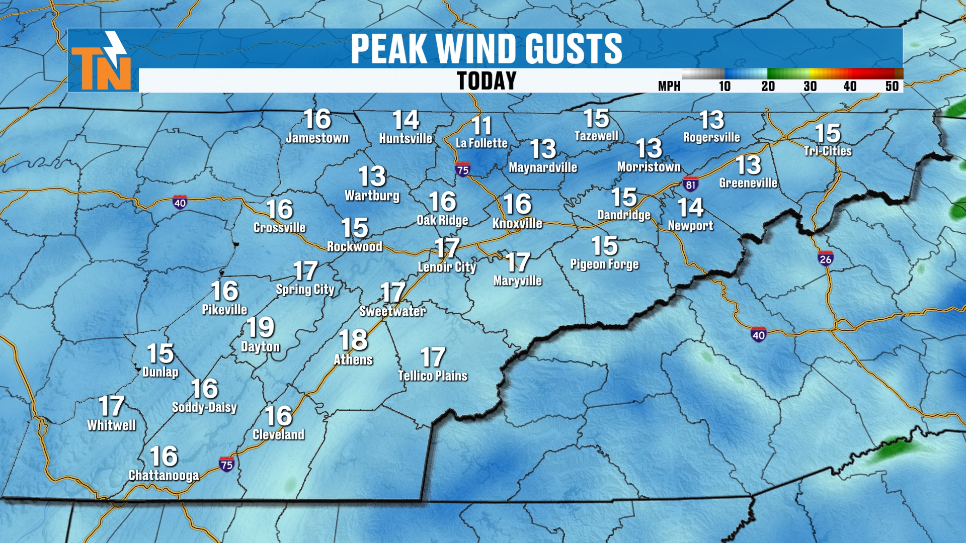 Peak wind gusts across East Tennessee Friday, 15 to 20 mph