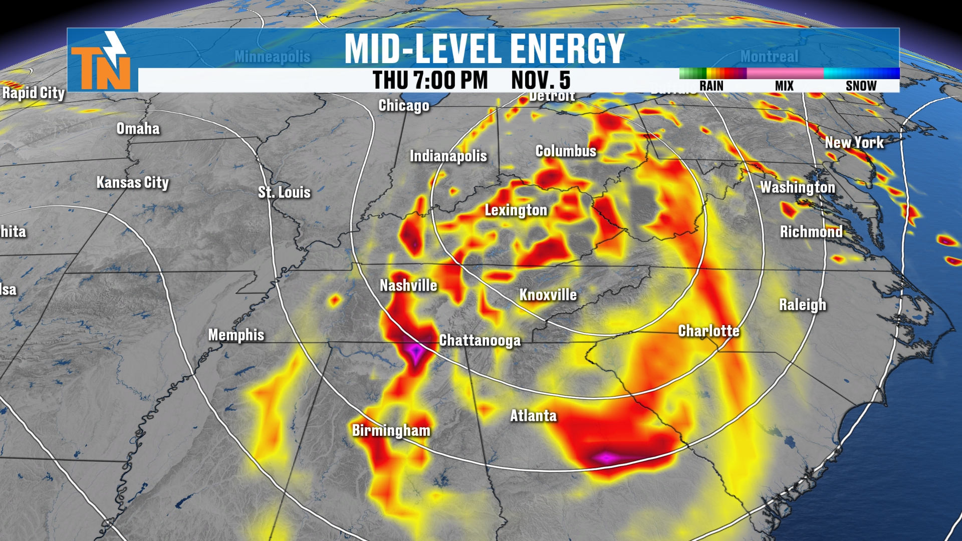 Big pattern change: a deep storm system spinning across the Southeast Thursday evening, November 5