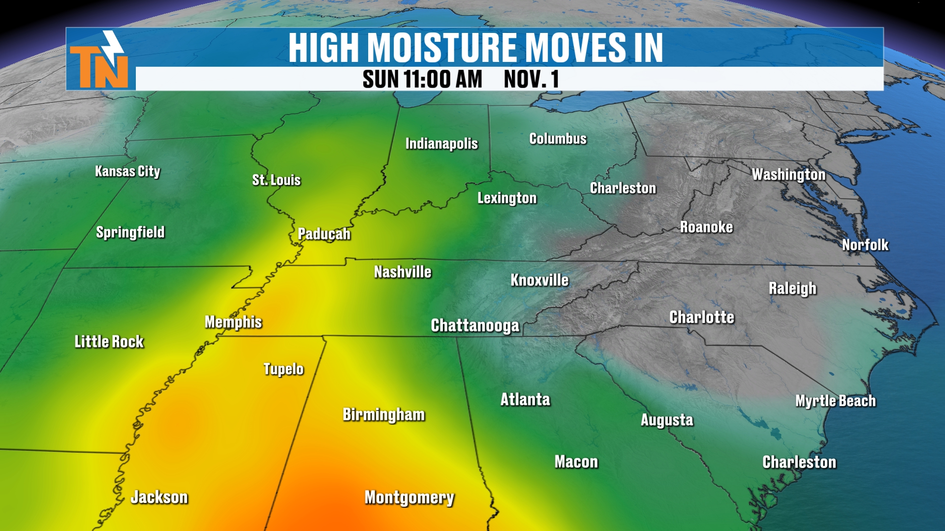 High moisture values fading before reaching East Tennessee Sunday morning, November 1
