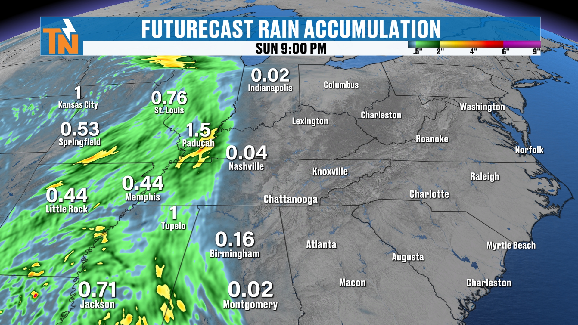 Futurecast rain accumulation through Sunday evening, heaviest in West Tennessee and Arkansas